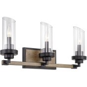 Wholesale - Sierra 22" 3-Light Farmhouse Vanity / Bathroom Light + Cylinder Glass Shades, Smoked Birch Wood Style + Black Finish C/P 1, UPC: 810018523947